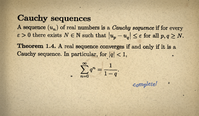 An excerpt on Cauchy sequences rendered with the old-paper preset